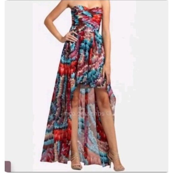 Aidan Mattox Feather Print Highlow Strapless Dress Multicolor Size 0 - Picture 1 of 10